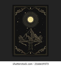 Mystical mountain in the sky held by a giant hand with engraving, hand drawn, luxury, celestial, esoteric, fit for spiritualist, religious, paranormal, tarot reader, astrologer or tattoo