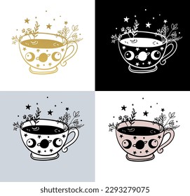 Mystical mug with magic drink, cup with potion, coffee for witch, illustration set, vector sketch by line isolated on white background.