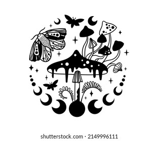 Mystical mushroom border clip art, magic hand drawn line mushrooms composition, amanita or fly agaric in a row, black and white vector