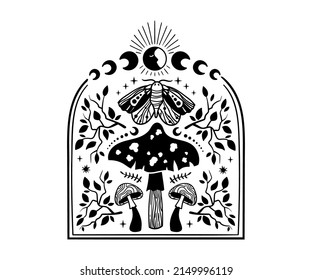 Mystical mushroom border clip art, magic hand drawn line mushrooms composition, amanita or fly agaric in a row, black and white vector