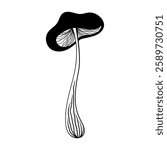Mystical mushroom in doodle style, outline, silhouette. Whimsical, fantastic mushroom.