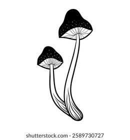 Mystical mushroom in doodle style, outline, silhouette. Whimsical, fantastic mushroom.
