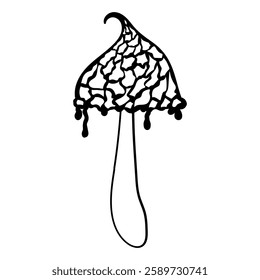 Mystical mushroom in doodle style, outline, silhouette. Whimsical, fantastic mushroom.