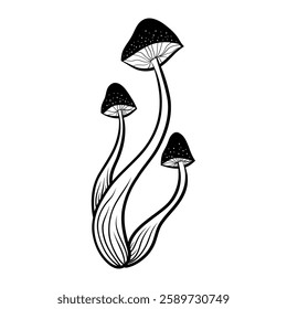 Mystical mushroom in doodle style, outline, silhouette. Whimsical, fantastic mushroom.