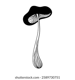 Mystical mushroom in doodle style, outline, silhouette. Whimsical, fantastic mushroom.