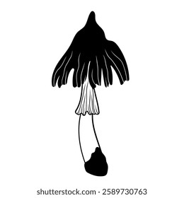 Mystical mushroom in doodle style, outline, silhouette. Whimsical, fantastic mushroom.