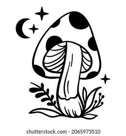 Mystical mushroom isolated clipart, magic line celestial mushroom, moon and stars. Black and white vector illustration.