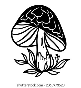 Mystical mushroom isolated clipart, magic line celestial mushroom, floral mystical. Black and white vector illustration.