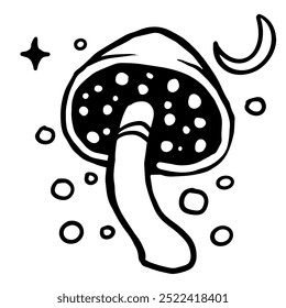 Mystical mushroom, magic celestial mushroom, moon and stars, witchy esoteric objects, floral mystical vector illustration for game, witch, fashion,  web, children's stories, posters, banners