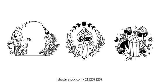 Mystical mushroom and moon phases isolated clip art bundle, hand drawn celestial amanita fungus, witchy floral black and white vector, trippy space art