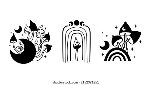 Mystical Mushroom And Rainbow Isolated Clip Art Bundle, Hand Drawn Celestial Mush And Moon, Witchy Rainbow Floral Black And White Vector Set, Trippy Space Art