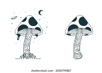 Mystical mushroom set. Celestial fungi print with moon and stars. Witchy tattoo.