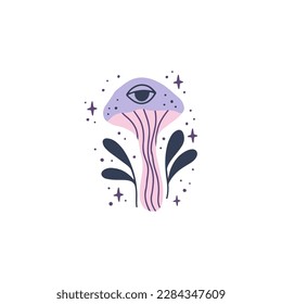 Mystical mushroom with third eyes, floral elements. Trippy fungi amanita, toadstool vector illustration. Magical witchy plant isolated on white. Whimsical fantasy poster.