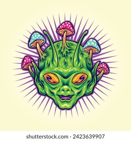 Mystical mushrooms alien head psychedelic vector illustrations for your work logo, merchandise t-shirt, stickers and label designs, poster, greeting cards advertising business company or brands