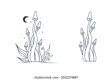 Mystical mushrooms. Celestial fungi with moon, stars and floral elements. Spiritual witchy clipart.