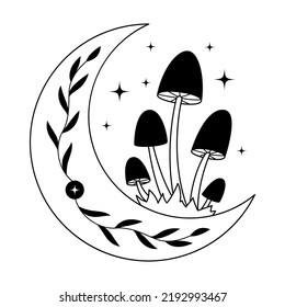 Mystical mushrooms and crescent isolated clipart. Magic line celestial mushrooms, leaves, moon and stars. Boho witchy doodle design element. Black and white vector illustration.