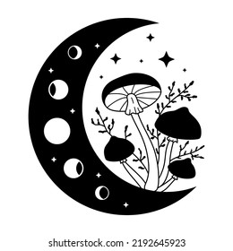 Mystical Mushrooms And Crescent Moon Isolated Clipart. Magic Line Celestial Mushrooms, Leaves, Moon Phases And Stars. Boho Witchy Doodle Design Element. Black And White Vector Illustration.