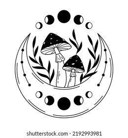 Mystical mushrooms and crescent moon isolated clipart. Magic line celestial mushrooms, leaves, moon phases and stars. Boho witchy doodle design element. Black and white vector illustration.