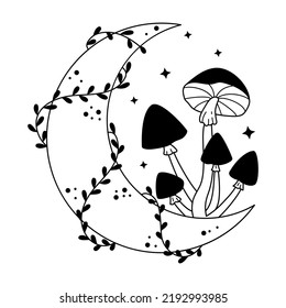 Mystical mushrooms, floral element and crescent isolated clipart. Magic line celestial mushrooms, leaves, moon and stars. Boho witchy doodle design element. Black and white vector illustration.