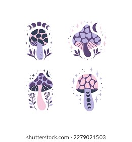 Mystical mushrooms - fly agaric, amanita, toadstool with moon phase, floral elements. Celestial fungi vector illustration. Magical esoteric clipart set isolated on white. Whimsical fantasy plant.