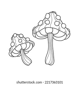 Mystical mushrooms. Hand drawn line art. Tattoo design. Magic vector set isolated on white background.
