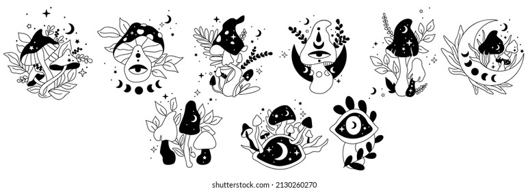 Mystical mushrooms. Hand drawn vector. Esoteric clipart