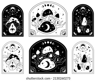 Mystical mushrooms. Hand drawn vector. Esoteric clipart