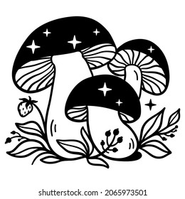 Mystical mushrooms isolated clipart, magic line celestial mushrooms, moon and stars. Black and white vector illustration.