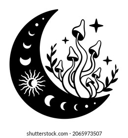 Mystical mushrooms isolated clipart, magic line celestial mushrooms, moon and stars. Black and white vector illustration.