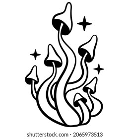 Mystical mushrooms isolated clipart, magic line celestial mushrooms, moon and stars. Black and white vector illustration.