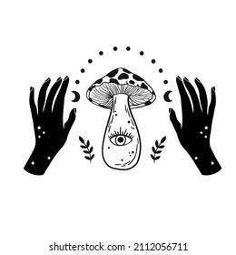 Mystical mushrooms isolated clipart, magic line celestial mushrooms, moon and stars. Black and white vector illustration.