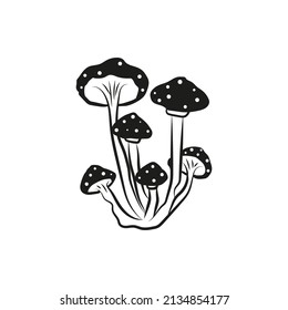 Mystical mushrooms isolated clipart, magic line. Black and white vector illustration.Witchy tattoos. Esoteric clipart.Witch mushrooms for Halloween. Mystical elements.