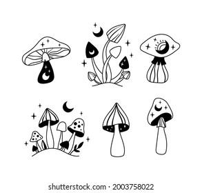 Mystical mushrooms isolated clipart set, magic line celestial mushroom, moon and stars, witchy esoteric objects, floral mystical - black and white vector illustration