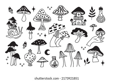 Mystical mushrooms isolated outline clipart set, magic line celestial mushroom, moon stars, witchy esoteric objects, floral mystical. Vector illustration