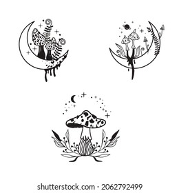 Mystical mushrooms isolated set, magic line celestial mushroom, moon, stars and planets, witchy esoteric objects, floral mystical. Black and white vector illustration