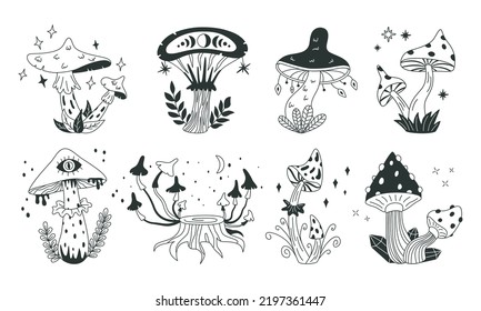 Mystical mushrooms, magic forest halloween doodle elements. Boho mushrooms, witchcraft esoteric woods vector symbols illustrations set. Magic mushroom mycelium collection