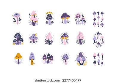 Mystical mushrooms with moon phase, third eyes, floral elements. Celestial fungi vector illustration. Magical esoteric clipart set isolated on white. Whimsical fantasy plant, psychedelic symbol.