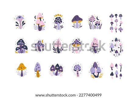 Mystical mushrooms with moon phase, third eyes, floral elements. Celestial fungi vector illustration. Magical esoteric clipart set isolated on white. Whimsical fantasy plant, psychedelic symbol.