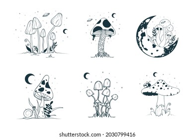 Mystical mushrooms with moon and stars. Celestial elements, fungi, fungus. Witchy tattoos. Esoteric clipart.