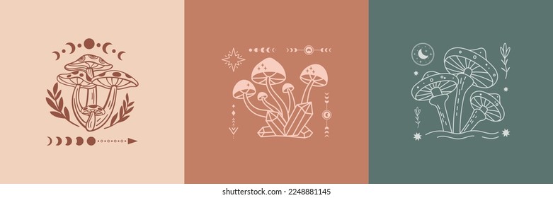 Mystical mushrooms with moon and stars. Celestial elements, fungi, fungus. Witchy tattoos. Esoteric clipart.