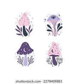 Mystical mushrooms with moon, third eyes, floral elements. Celestial fungi amanita, toadstool vector illustration. Magical esoteric clipart set isolated on white. Whimsical fantasy plant.