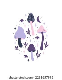 Mystical mushrooms with moon, third eyes, floral elements. Celestial fungi amanita, toadstool vector illustration isolated on white. Magical witchy esoteric poster, whimsical fantasy plant.