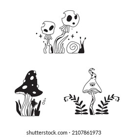Mystical mushrooms set, magic line celestial mushroom, snail, stars and planets, witchy esoteric objects, floral mystical. Black and white vector illustration