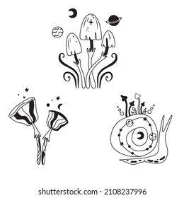 Mystical mushrooms set, magic line celestial mushroom, snail, moon, stars and planets, witchy esoteric objects, floral mystical. Black and white vector illustration