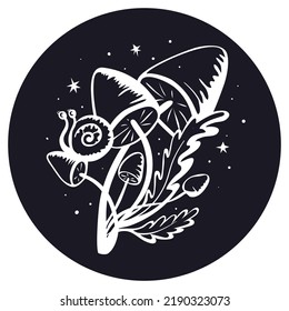 Mystical mushrooms and  snail in doodle style.
