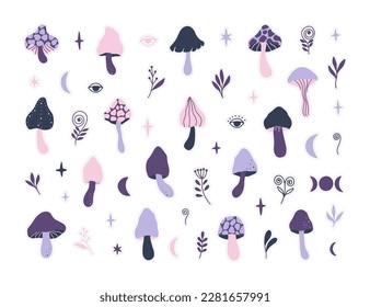 Mystical mushrooms stickers flat vector illustration. Celestial fungi with moon, third eyes, floral. Cartoon clipart isolated on white. Whimsical plant for daily planner, organizer, scrapbook.