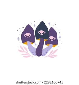 Mystical mushrooms with third eyes, floral elements. Trippy fungi vector illustration. Magical esoteric clipart isolated on white. Whimsical fantasy plant.