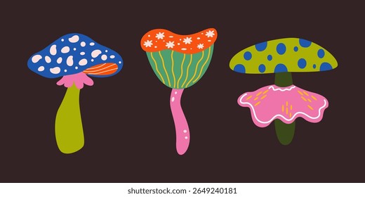 Mystical mushrooms vector cartoon elements in groovy retro style. Woodland illustration in funky hippie style for stickers, posters, badges. Strange forest plant elements for holidays design