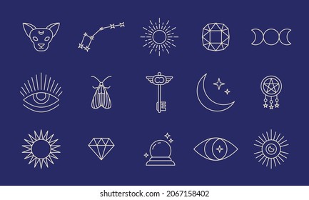 Mystical and mysterious objects collection one line style. Alchemy and esoteric, witchcraft magician icon set