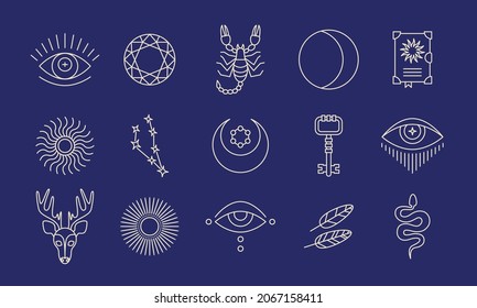 Objetos místicos y misteriosos recogen un estilo de línea. Alquimia y esotérica, brujería juego de íconos de magia